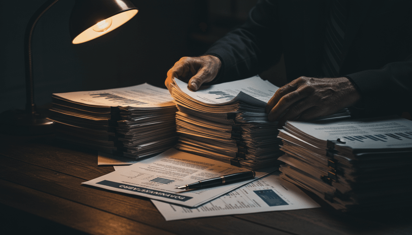 Hands reviewing financial documents on a dark wooden desk under a desk lamp
