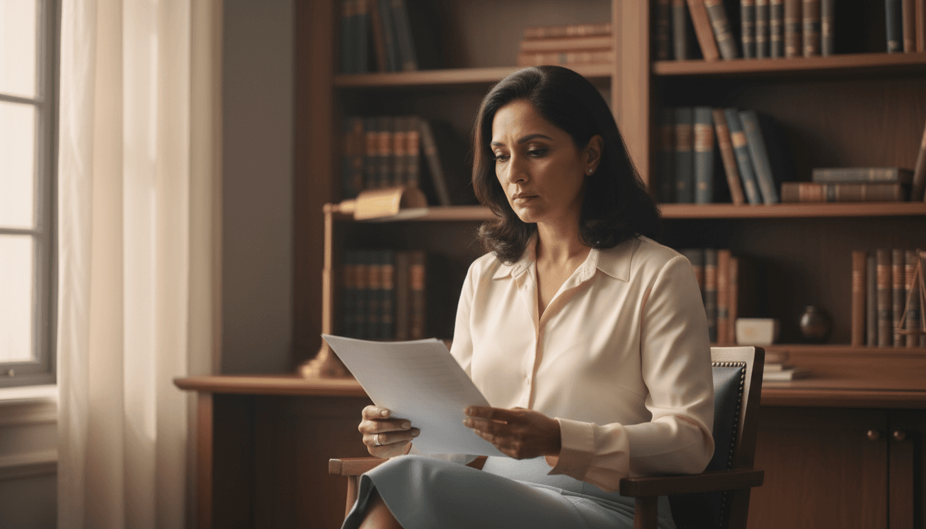 Woman holding a document in a softly lit legal office with bookshelves