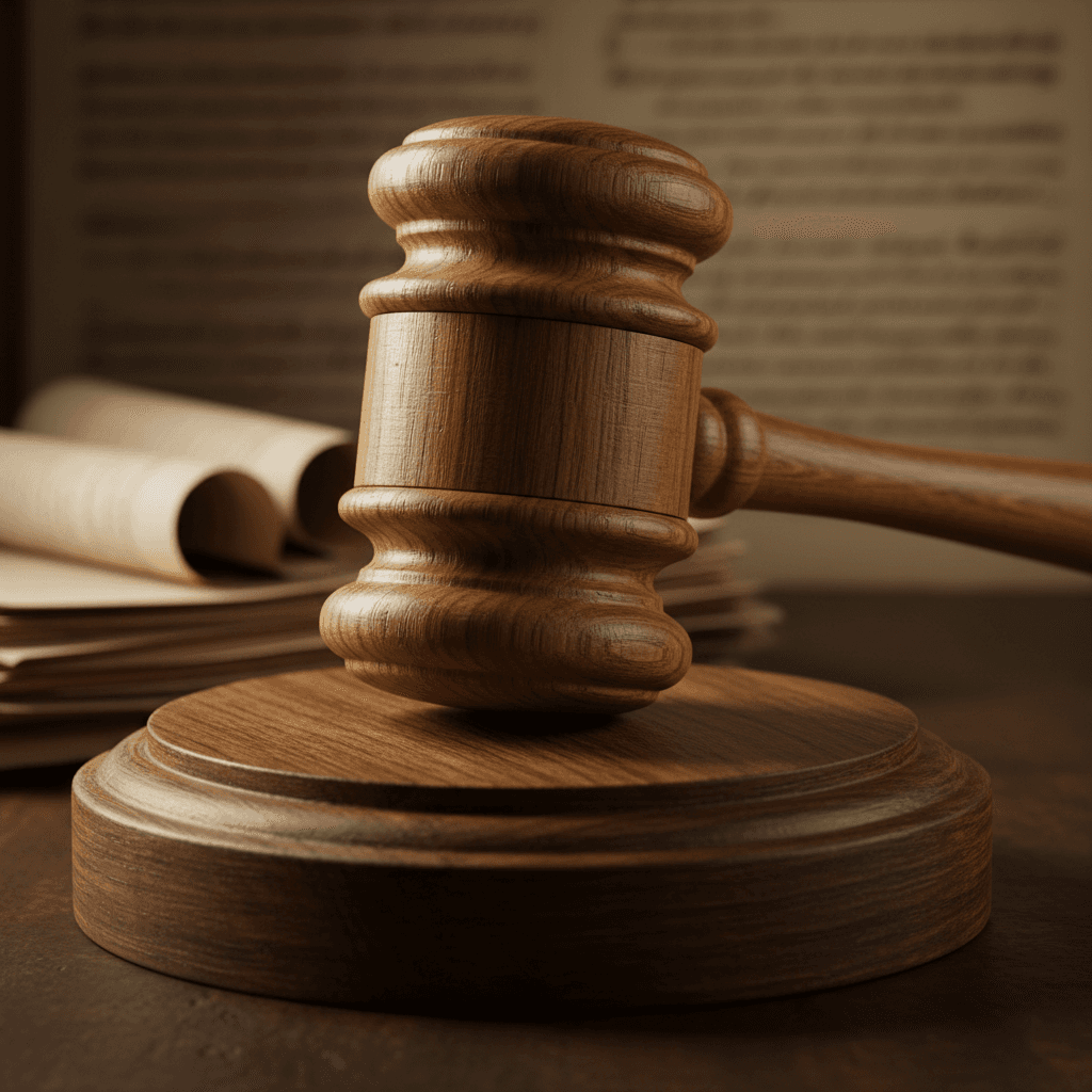 Wooden gavel resting on block with legal documents in blurred background