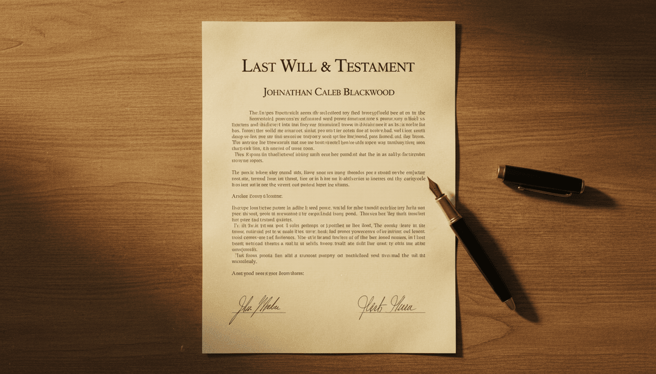 Legal document with fountain pen on a table in warm vintage lighting