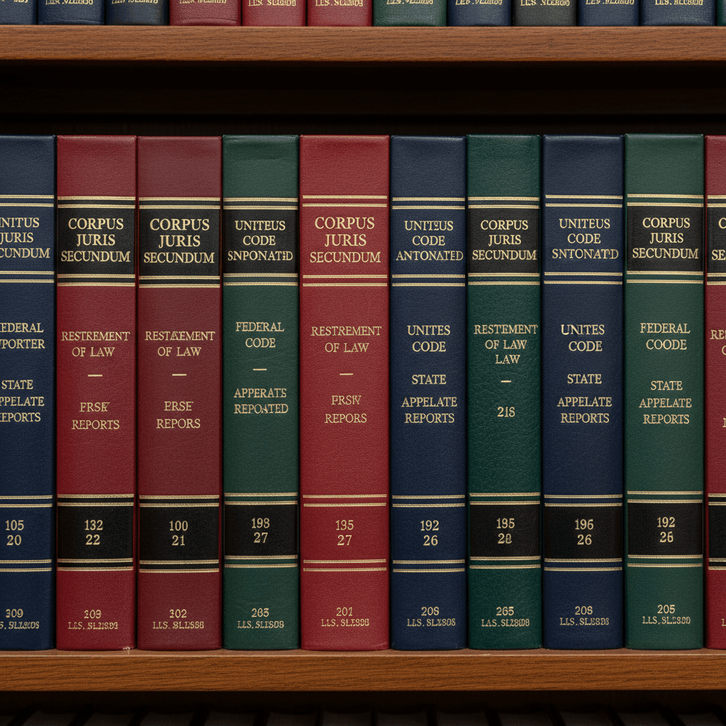 Row of legal reference books on a library shelf with gold lettering