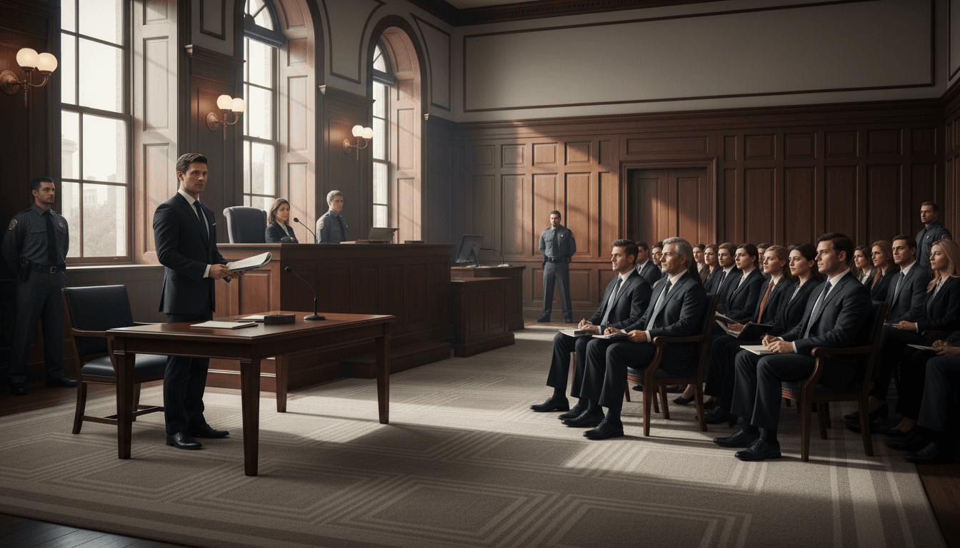 Defense attorney standing at courtroom table during formal legal proceeding with judge's bench and gallery seating visible