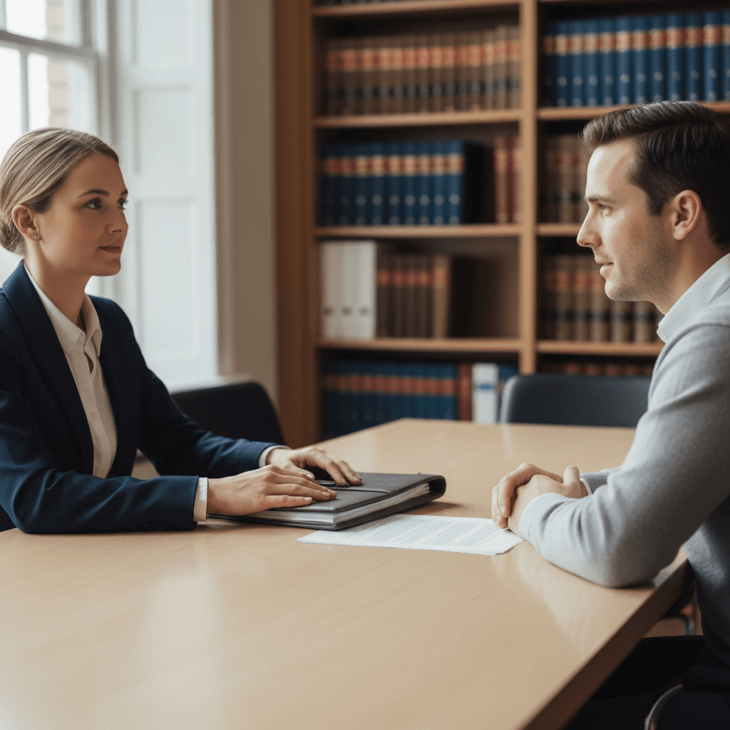 Attorney and client in engaged consultation across wooden table with documents and soft natural lighting
