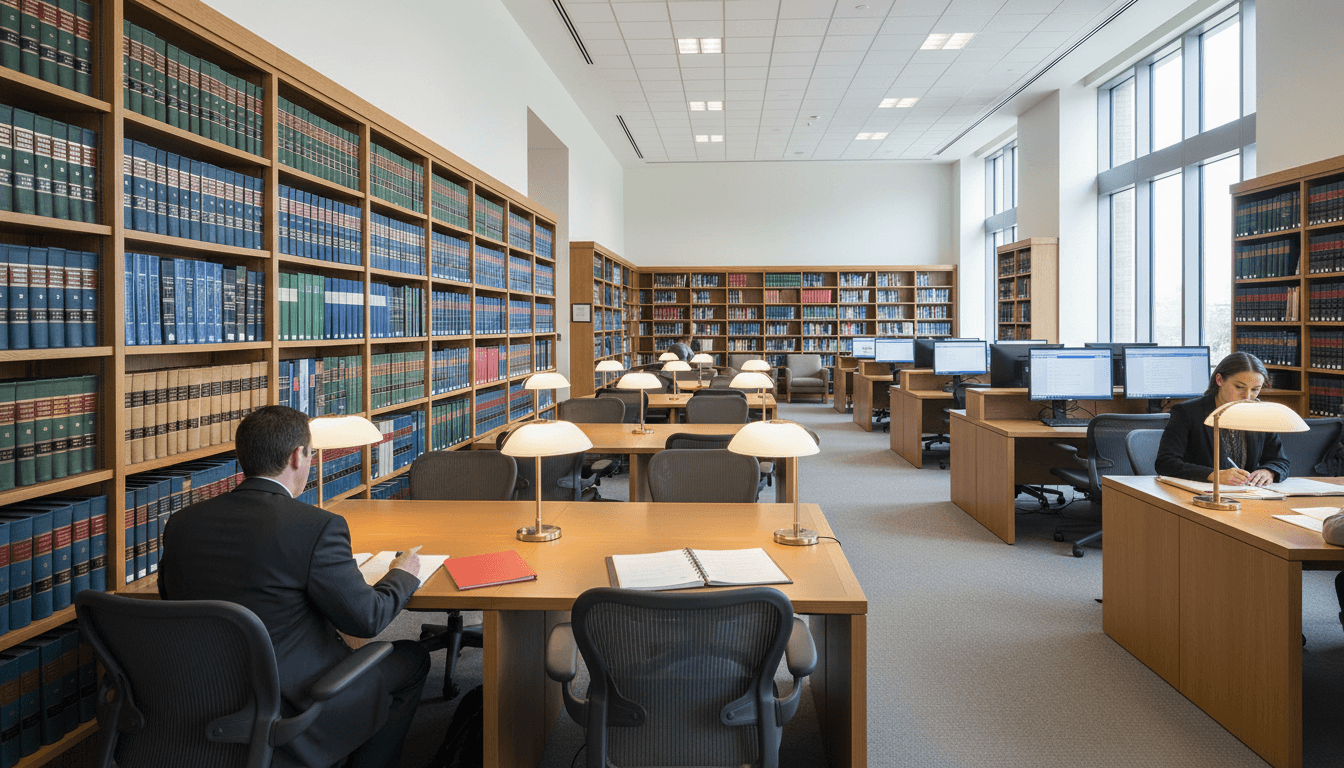 A law library interior with rows of books, conveying gravitas and legal depth