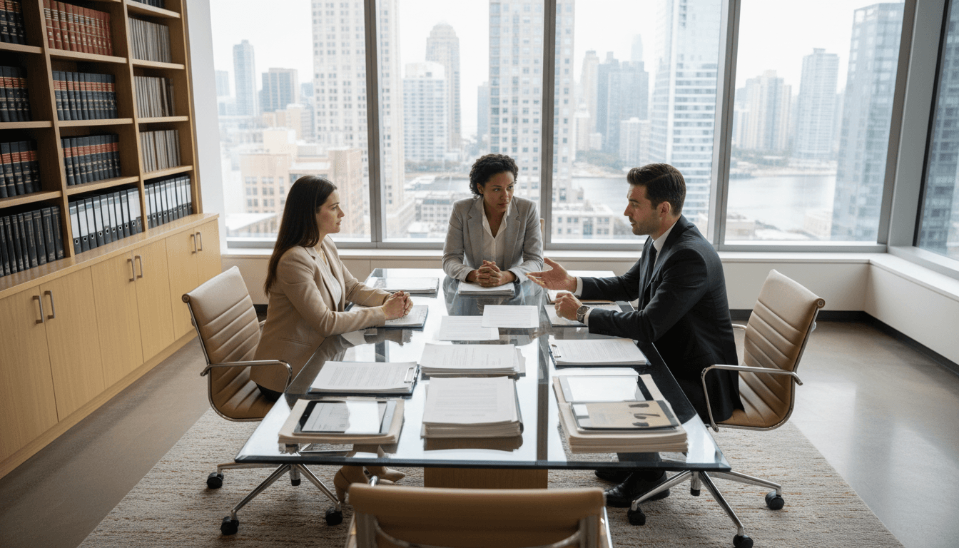 Two advocates in a serious meeting at a wooden conference table in a Delhi law office