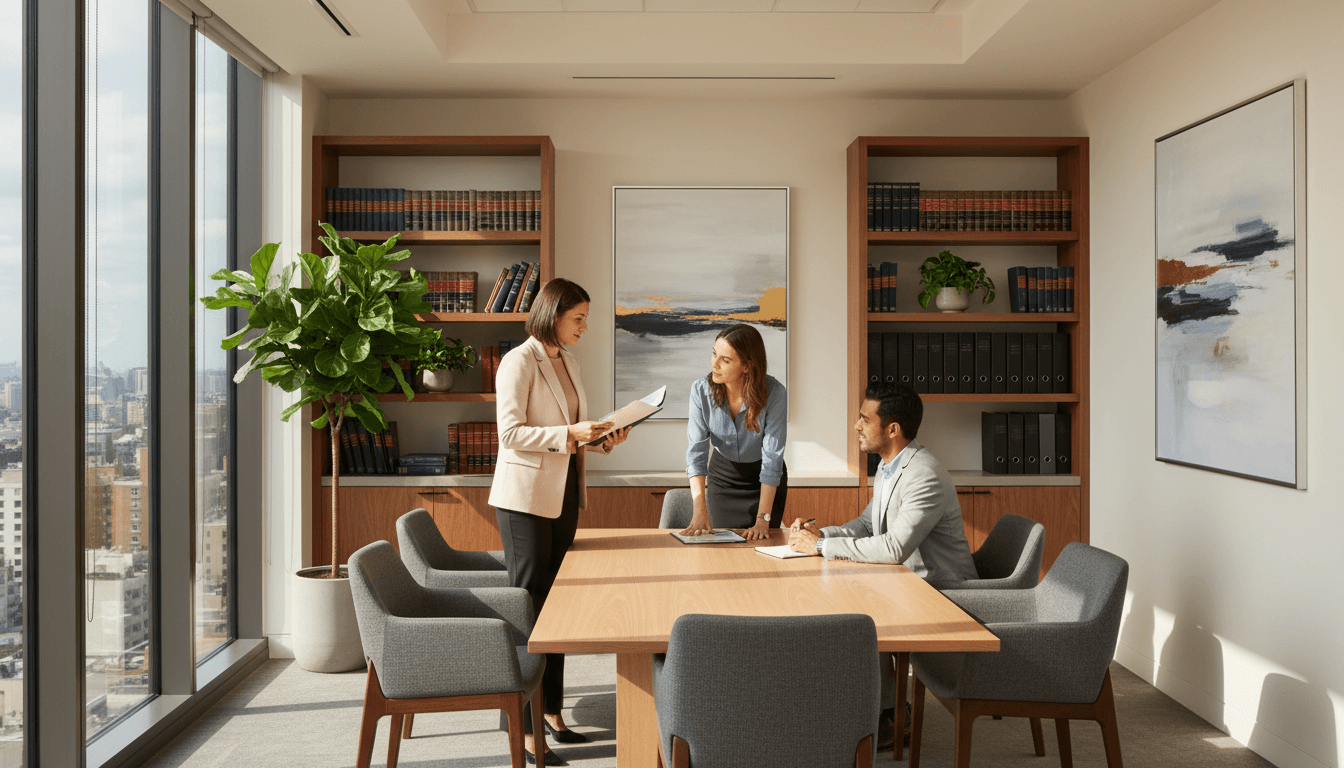 Empty leather chair in a classic law office with bookshelves and a desk, ready for a consultation